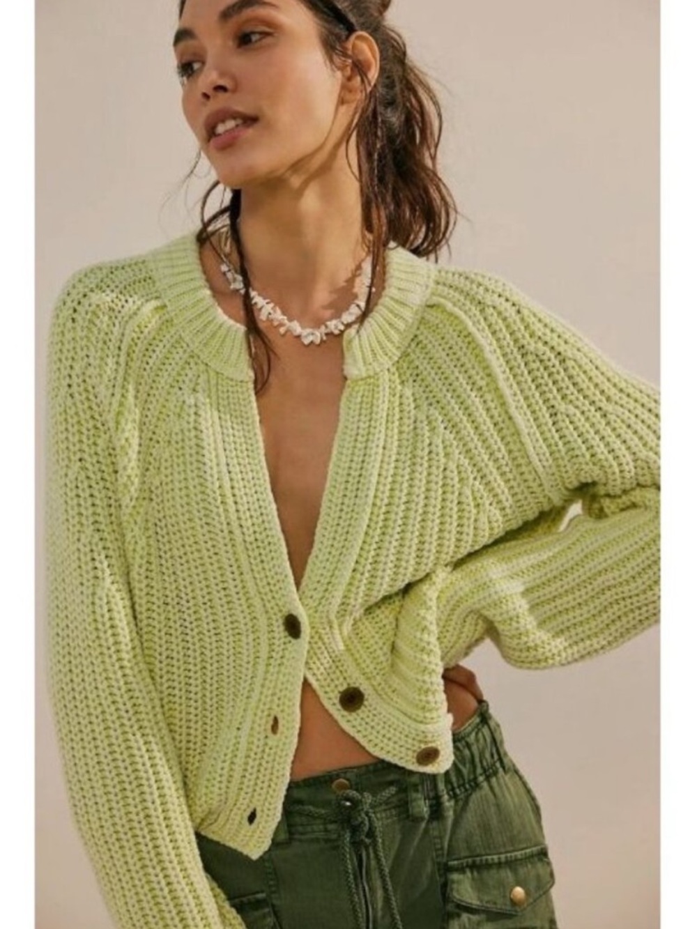 Free People Sweet Nothing Cardi Lime Glow Chunky Cropped Knit Cardigan Small